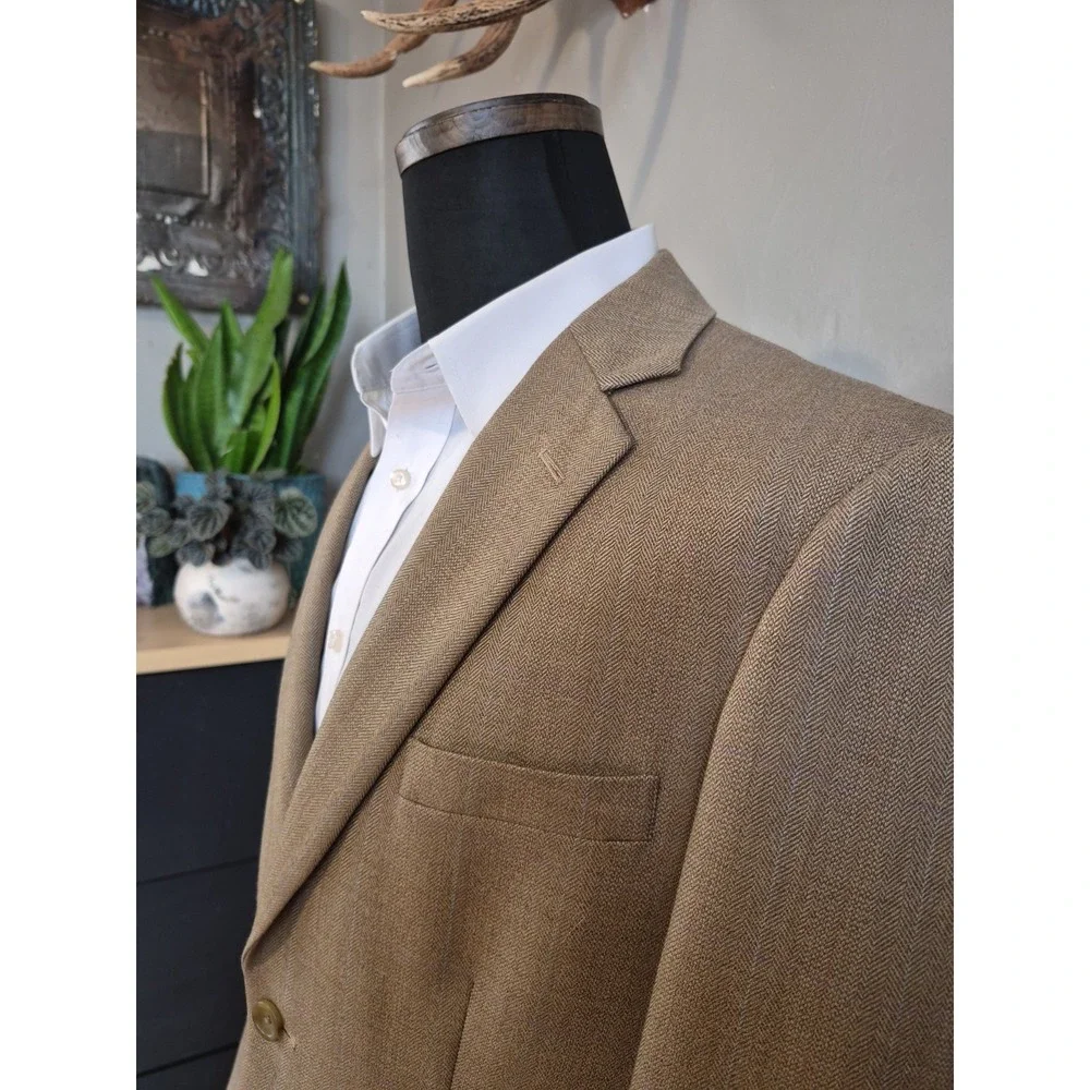 Joseph & Feiss Mens Wool Sports Coat 40R Beige Herringbone 2 Button H602